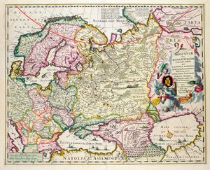 Mapa de Asia Menor mostrando Noruega, Suecia, Dinamarca, Laponia, Polonia, Turquía, Rusia y la región de Moscú, c.1626
